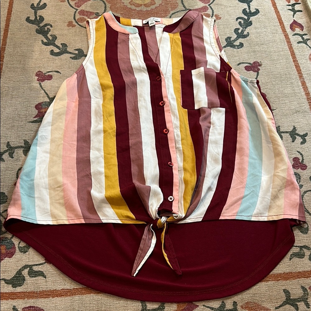 Striped Sleeveless Top with Tie Front, High front, low back